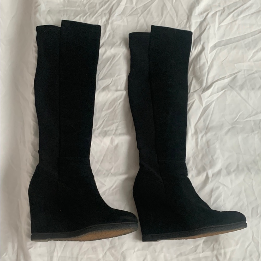 Stuart Weitzman Black Wedge Boots Sleek Suede Design